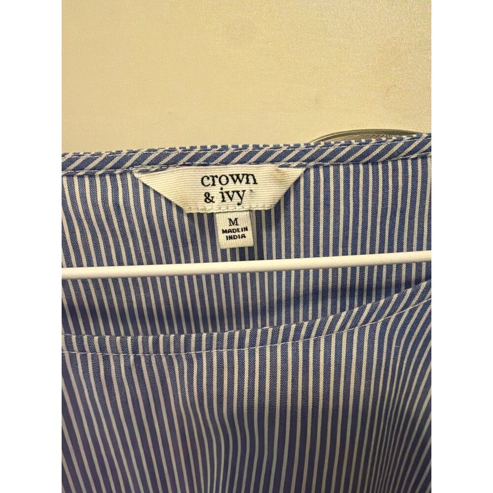 Crown & Ivy Blouse Women's Medium Blue White Striped Lace Cuff Boho Cottagecore - Picture 2 of 6